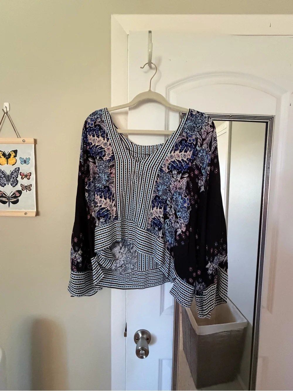 Free People Black Top with Blue and Cream Floral Print